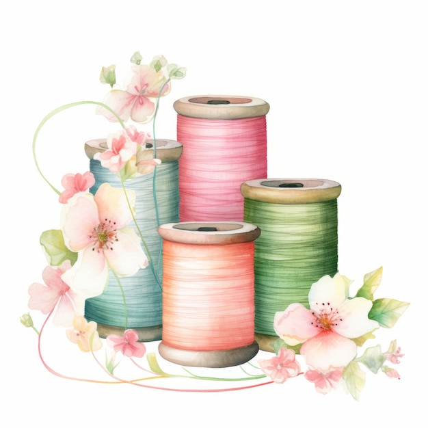 Foto pastel blooms high quality watercolor clipart set con singoli fiori e bobine di filo su un w