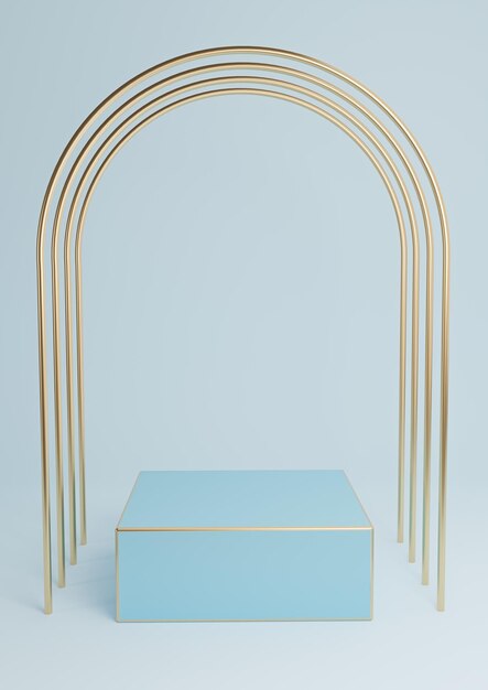 Pastel blue minimal product display podium stand luxury gold arches background abstract composition