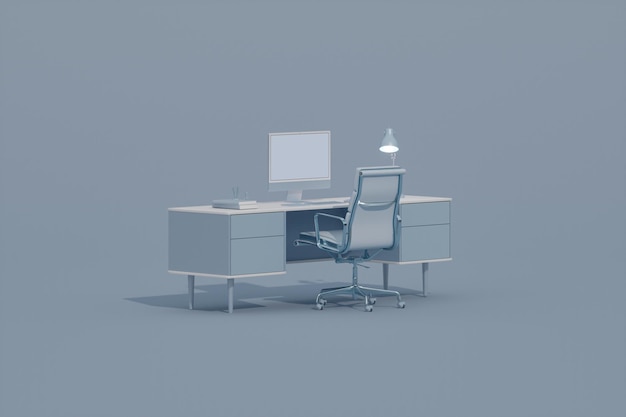 파스텔 블루 단색 최소한의 사무실 테이블 책상. 3d 렌더링