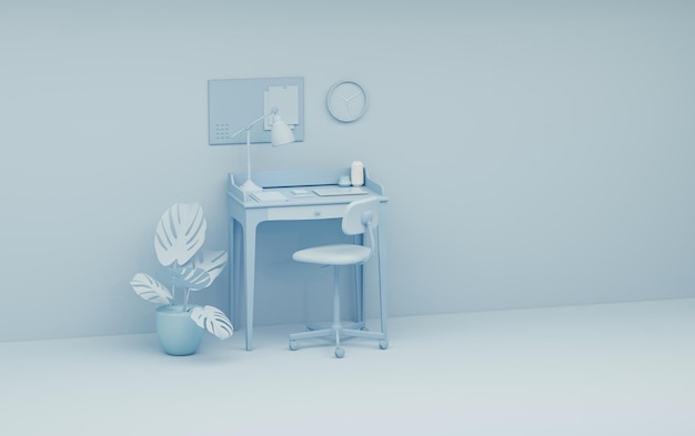 Pastel blue monochrome minimal office table desk. Minimal idea concept for study desk, clock, plant