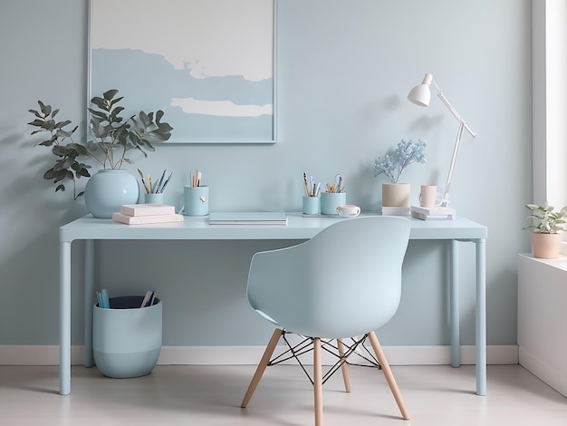 Pastel blue monochrome minimal office table desk Minimal idea concept for study desk and workspace