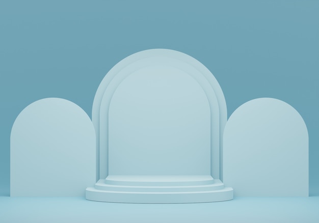 Pastel blue pedestal for display. Empty product stand with geometrical shape. 3d render.