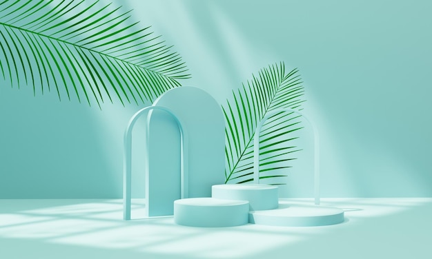Pastel blue podium for product presentation with palm leaf elementsshade and natural sunlight3D render illustration