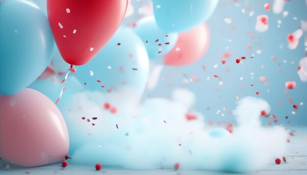 pastel blue and red smoke clouds festive balloons and confetti generated by AI