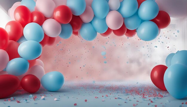 pastel blue and red smoke clouds festive balloons and confetti generated by AI