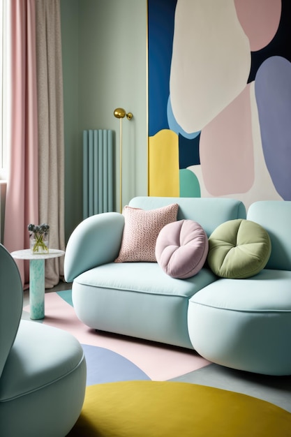 Pastel blue retro sofa with cushions and painting created using generative ai technology