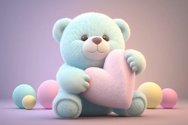 Pastel blue teddy bear with pink heart Cute plush children's toy Generative AI