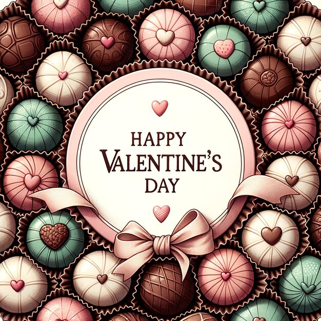 Photo pastel chocolate truffles leading to a stark valentine's day card illustration