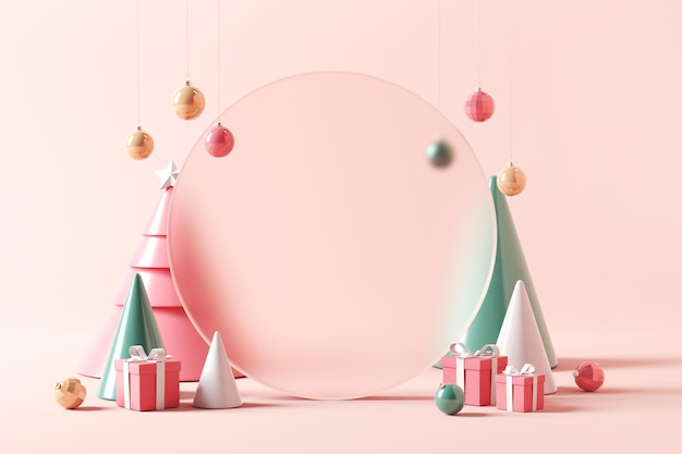 写真 クリスマスの装飾の休日のための安物の宝石ボールとギフト ボックス パステル サークル背景