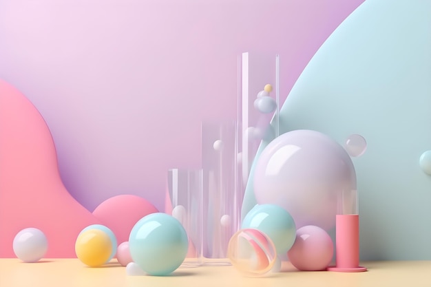 Pastel color background podium soap bubbles generative ai