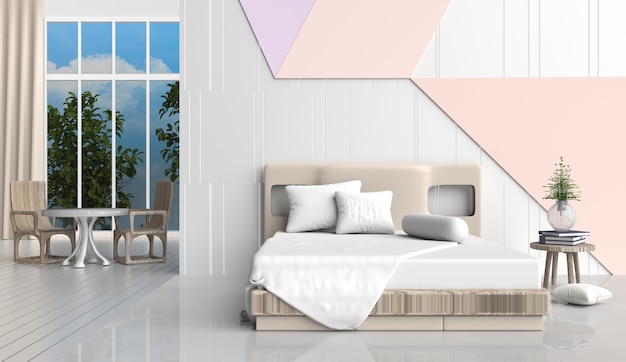 Пастель цветной номер комнаты декор с кроватью, деревянный стул, дерево, белые подушки, книги,. 3d rende
