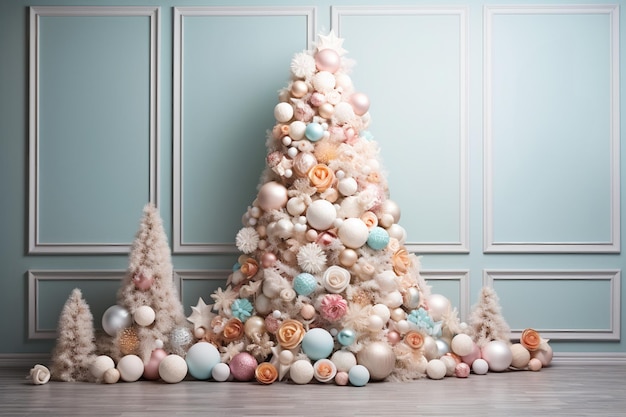 Пастельный цвет рождественской елки в стиле максималистских конфет в комнате с голубыми стенами с облицовкой