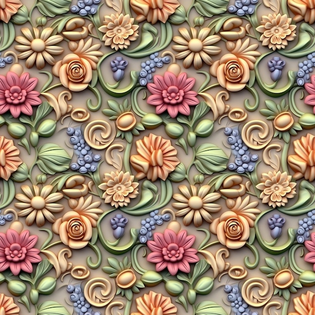 pastel color clay art floral botanical seamless pattern