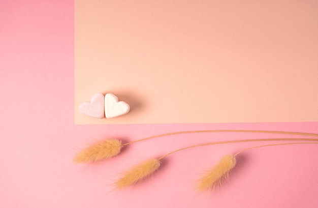 Foto biglietto di auguri color pastello con marshmallow a forma di cuore, san valentino, festa della mamma