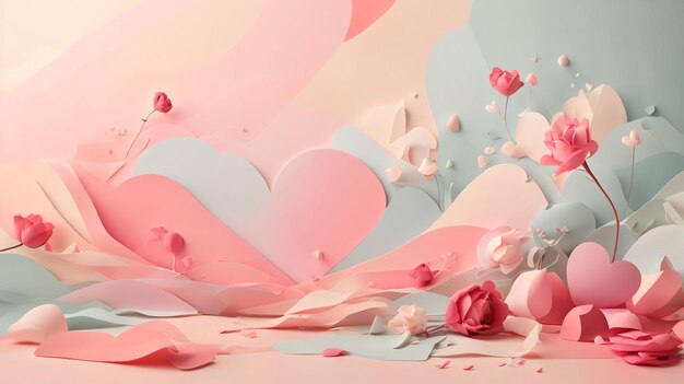 Pastel color paper art love and heart shape with flower paper style background