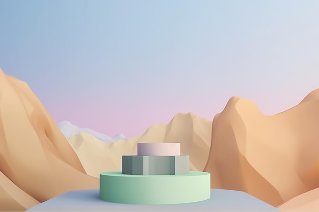 A pastel color podiums with a mountain in the blue background Generative ai