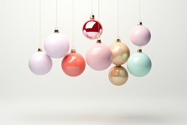 Pastel colored Christmas balls on a white background and free space for text