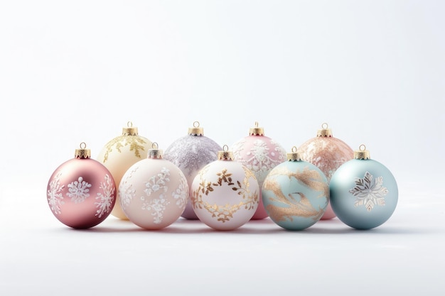 Pastel colored Christmas balls on a white background and free space for text