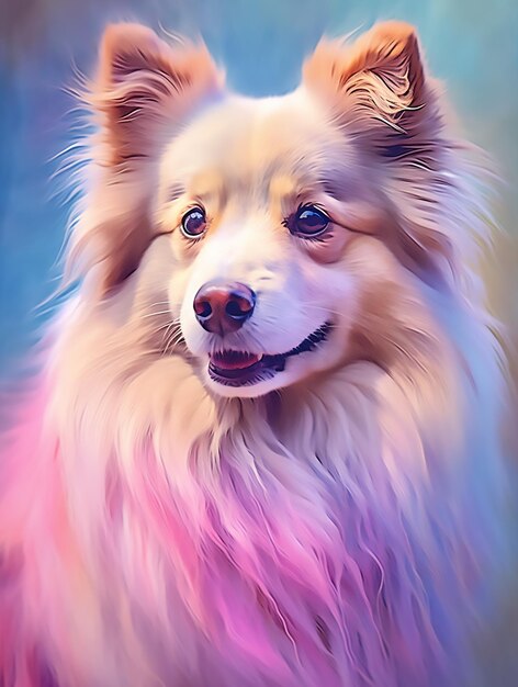 A pastel colored Dog with a majestic mane rendered in soft hues of pink purple and blue exudin