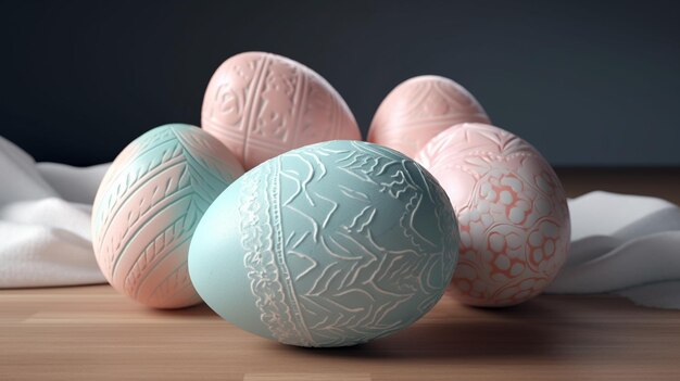 Pastel colored easter eggs on a table