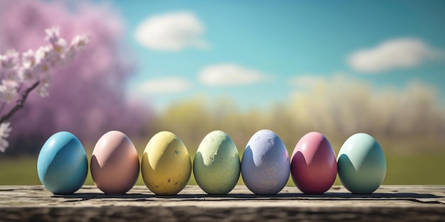 Pastel colored Easter Eggs with blurred spring landscape background Generative AI