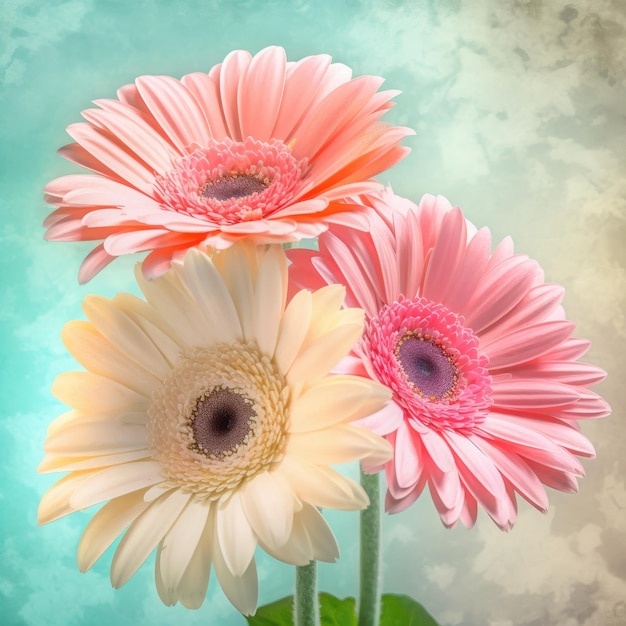 Pastel colored gerbera flowers on blurred pastel background