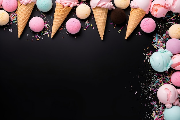 Pastel Colored Ice Cream Scoops and Cones on Blackboard Generative AI