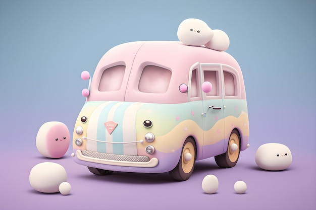 A pastel colored van with a white cat on the roof.