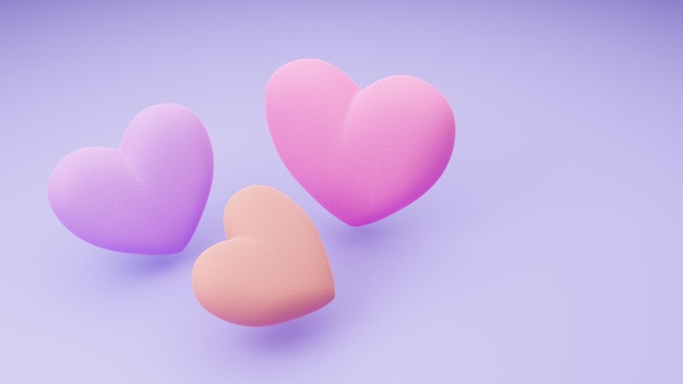 Foto i colori pastello astraggono uno sfondo di 3 cuori. modello 3d di san valentino