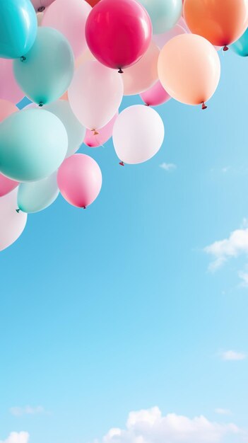 Пастельные цвета воздушных шаров в голубом солнечном небе на заднем плане с копировальным пространством, сгенерированным ИИ контентом