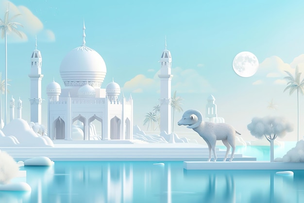 Pastel colors depict a tranquil mosque by a reflective water body with a ram in the foreground and a full moon above