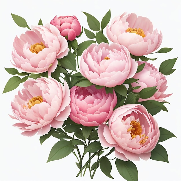 Pastel colors digital painting bouquet of peonies flowers isolated on white background