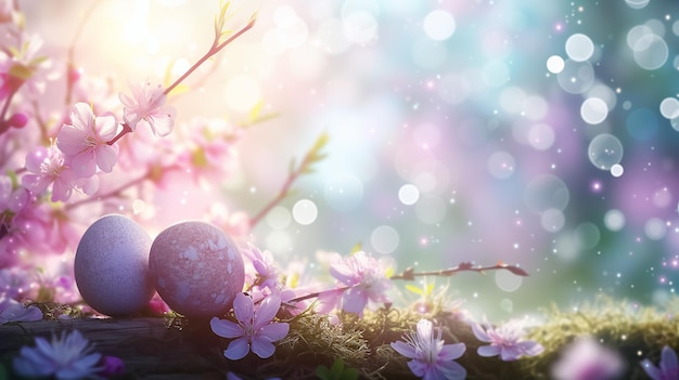 파스텔 색상: 나무 위에 부활절 달과 꽃, 흐릿한 나무, 배경, 자유 공간, 부활절 카드