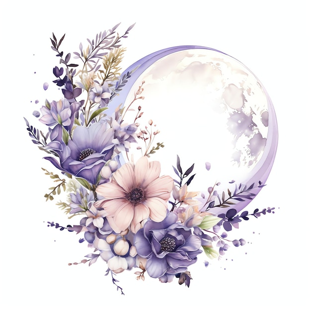 pastel colors floral moon with different flowers and plants illustration