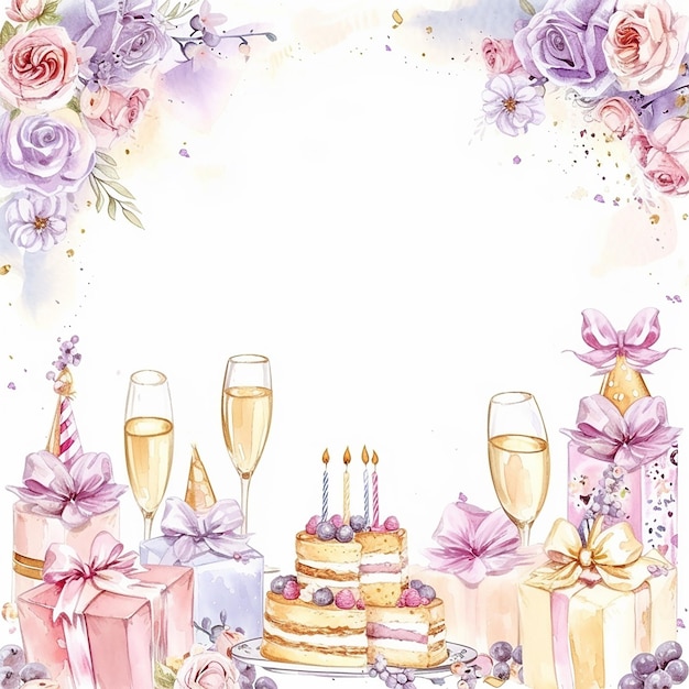 pastel colors frame with free place for text made from lot of birthday little cakes candles champagne