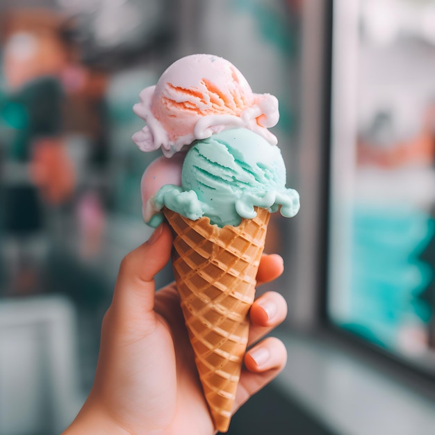 Pastel colors icecream in a warm waffle cone