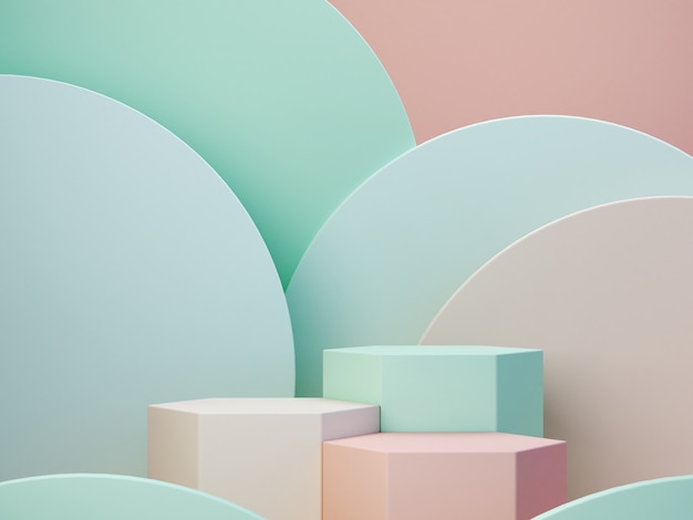 Pastel colors shapes on green pastel colors abstract background. Minimal  boxes podium. Scene with geometrical forms. Empty showcase for cosmetic product presentation. Fashion magazine. 3d render.