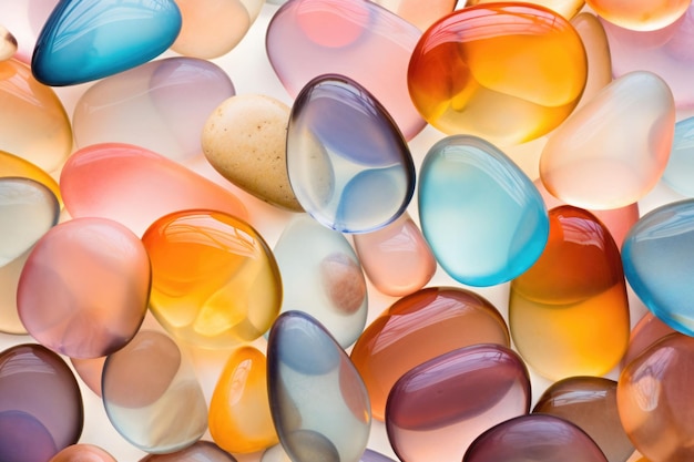 Foto pietre d'acqua in vetro trasparente color pastello minerale gemma naturale vista dall'alto ai generativa