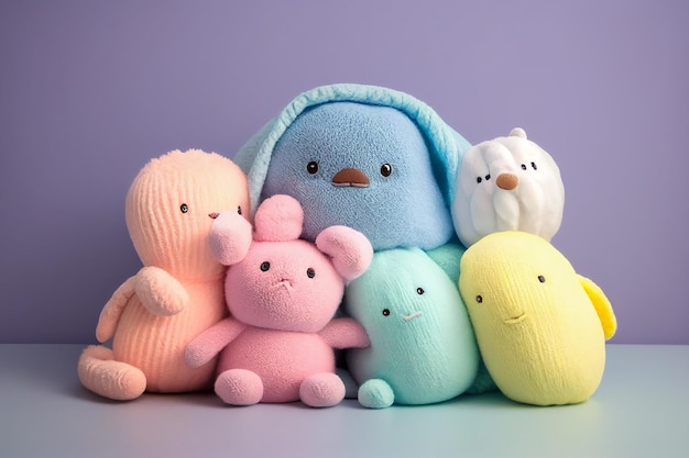Photo pastel colourful stuffed crochet wool toys dolls animals