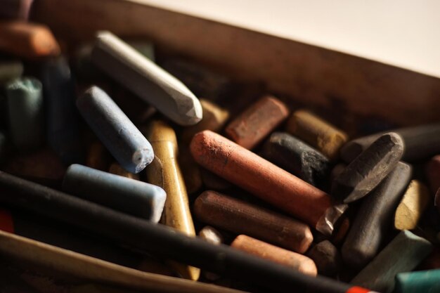 Pastel crayons piled in a box Backlight