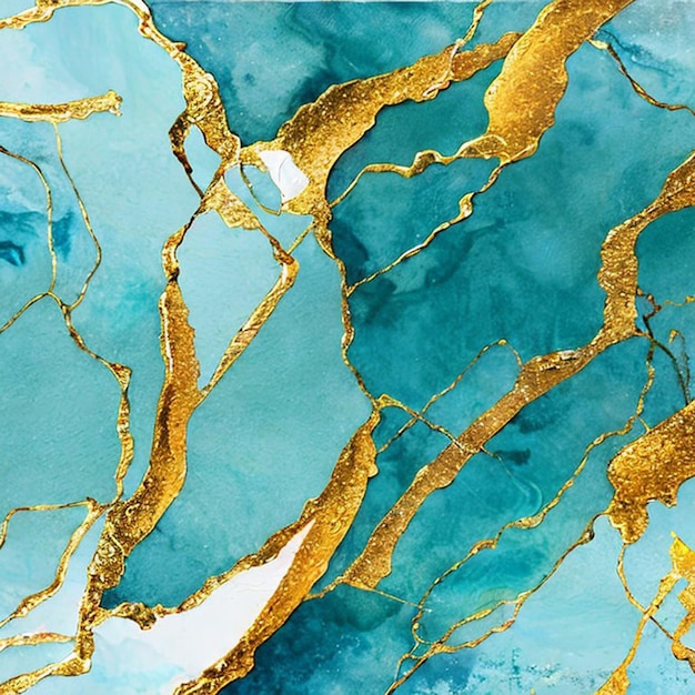 Pastel cyan liquid marble watercolor background with gold lines and brush stains generative ai