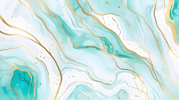 Pastel cyan mint vloeibare marmer aquarel achtergrond met gouden lijnen en penseelvlekken