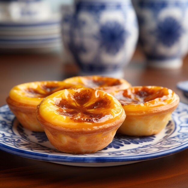 Pastel da nata Portuguese traditional desserts on the azulejo plate closeup