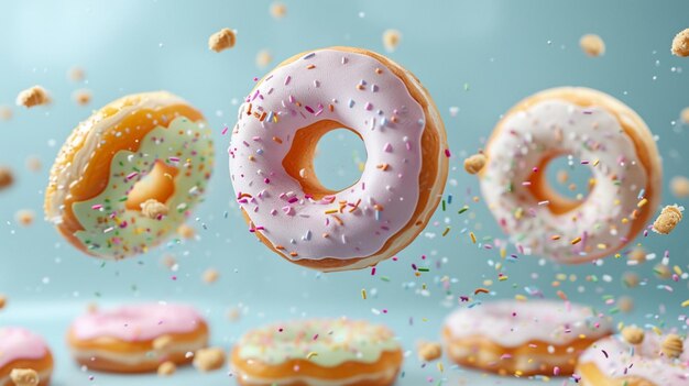 Foto pastel donuts met glazuur in beweging donuts met sprinkles