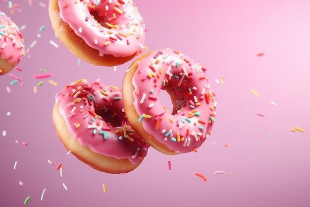 Pastel donuts with frosting and sprinkles flying in motion