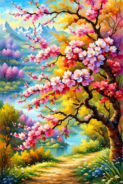 Pastel drawing artistic image of serene pond setting with beautiful vibrantly colored trees