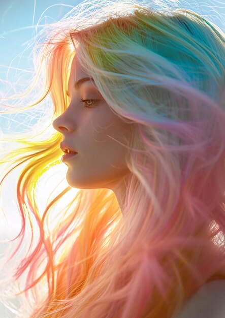 Pastel Dream blonde woman with colorful hair in the sunlight AI Generated