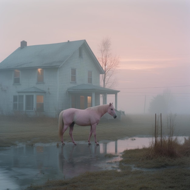 Photo pastel dreams a rosecolored galloping horse in a field a photograph in gregory crewdson's joyful