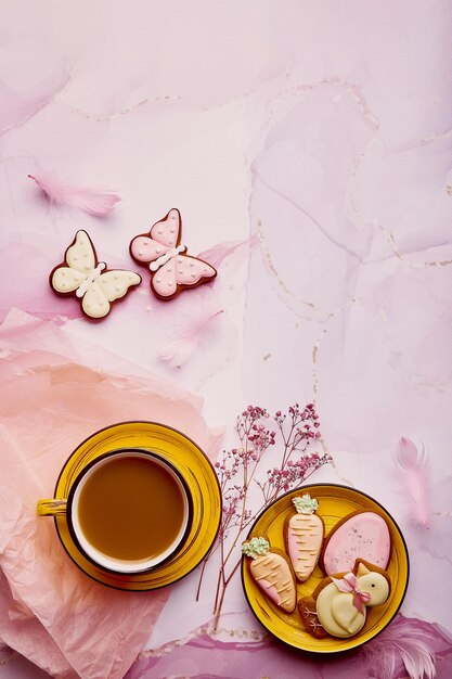 Pastel Easter background glazed cookies with coffee Spring aesthetics card with baked symbols