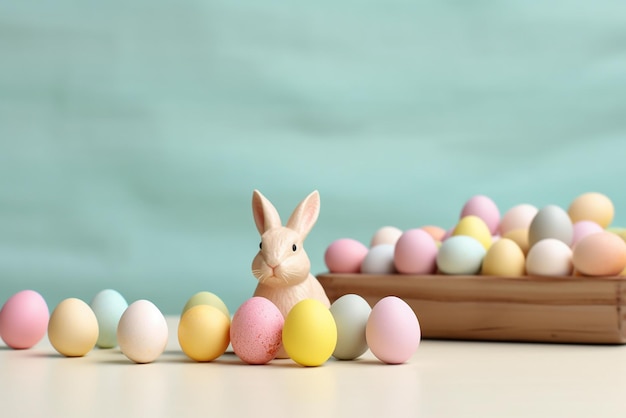 Пастельные пасхальные украшения с кроликом и красочными яйцами, конфетами на светлом фоне, созданные с помощью родов